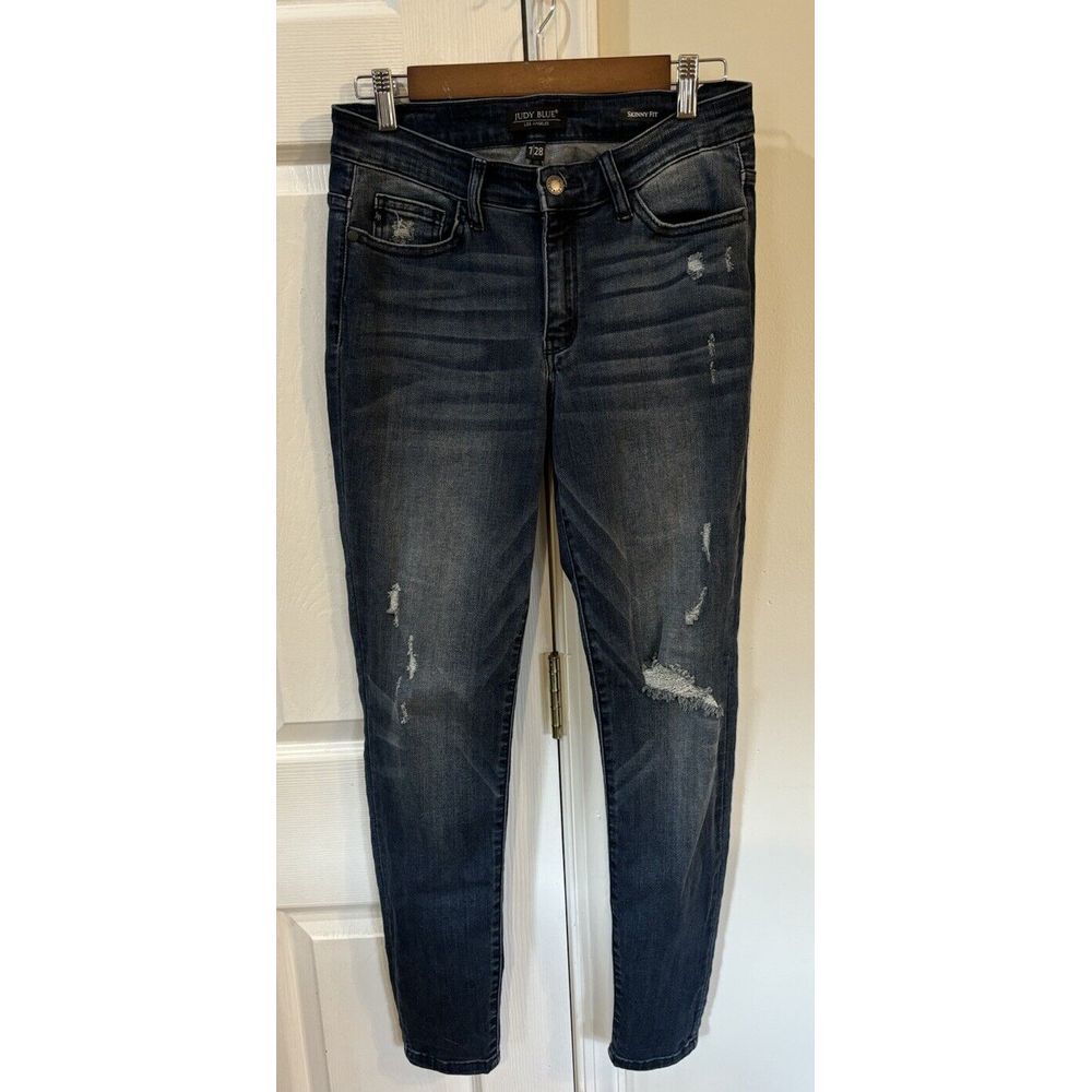 Judy Blue Women’s Skinny Jeans in Dark Wash with Distressed Details